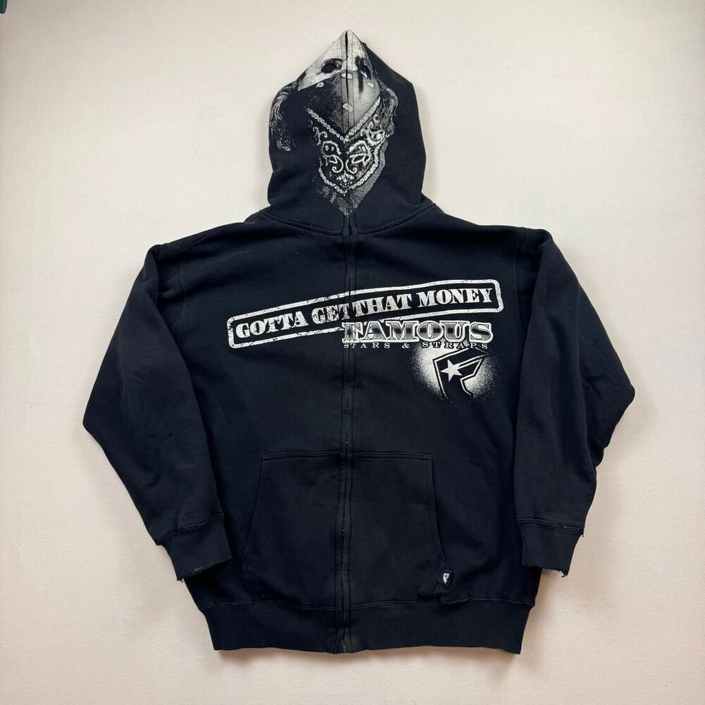 Vintage Famous Stars and Straps Zip Up Hoodie Black Full Face Size M